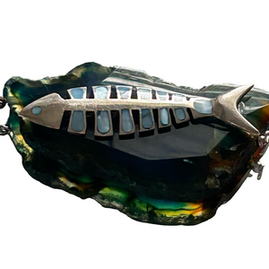 Blue Sliced Agate Stone Pendant Enamel Teal Sky Blue Fish Sterling Silver